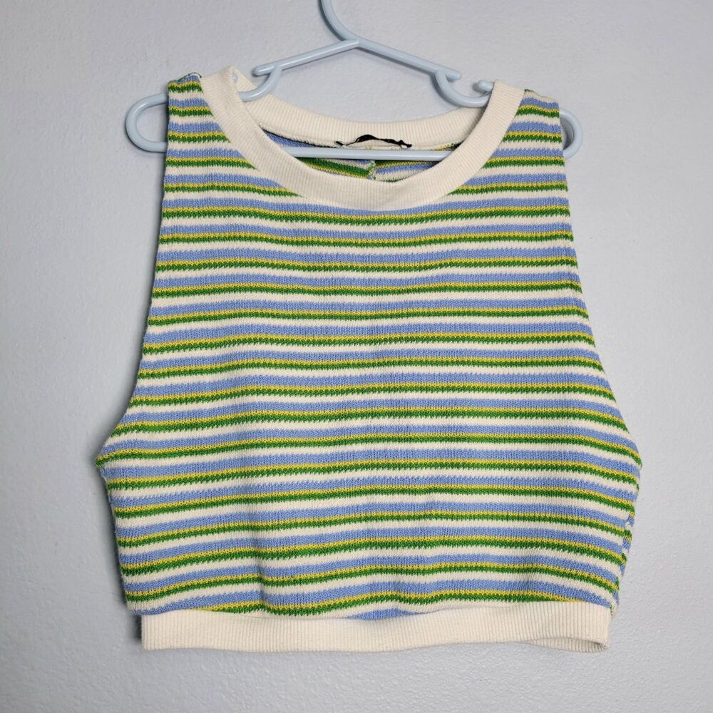 ZARA 90s Style Striped Knit Crop Top S High Neck Tank Blue Y2K Soft Girl Coastal